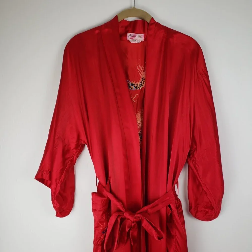 Vintage Pearls Red Silk Dragon Embroidered Long Robe Unisex Medium